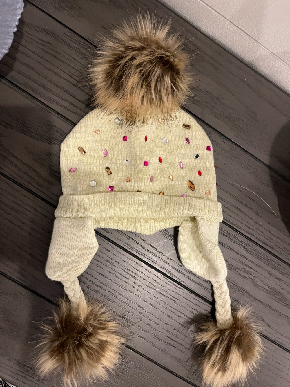 Kids Cream Knit Pom Pom Earflap Hat with Gem Accents